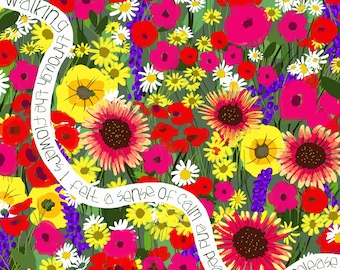 Flowers art, flower field print, field of flowers, art with flowers, flower print for sun room, flower lover, gift for gardener, geraniums