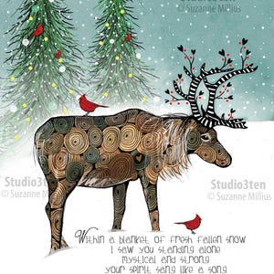 Impresión de reno, arte de reno, regalo de reno, arte de vida silvestre, impresión de naturaleza, nieve, impresión de bosques, impresión de Alaska, impresión de alce, decoración navideña, Navidad