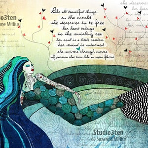 Mermaid print, mermaid art, print with mermaid, ocean lover, pisces, wanderlust print, sea life art, water sign, fish art, mermaid collector image 1