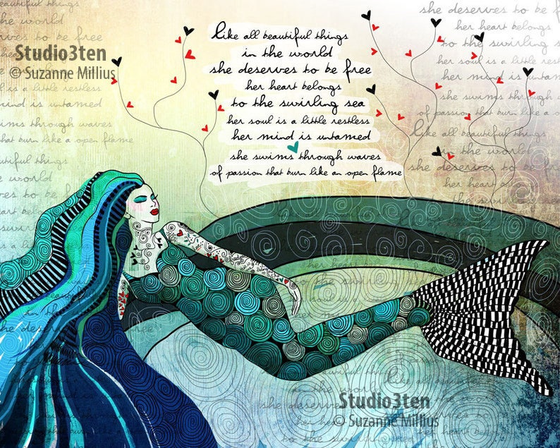 Mermaid print, mermaid art, print with mermaid, ocean lover, pisces, wanderlust print, sea life art, water sign, fish art, mermaid collector image 1