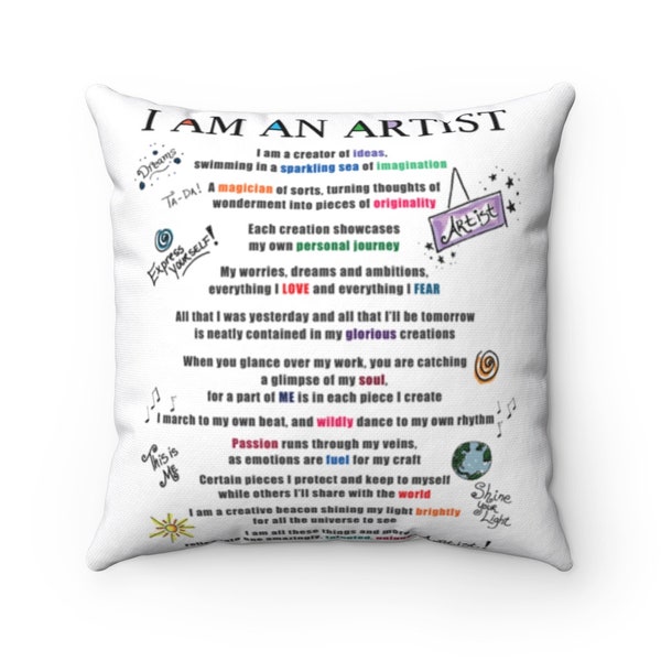 I am an Artist Pillow Case, I am an artist poem, pillow for artist, Creative pillow, Pillow with poem, white pillow Square Pillow Case