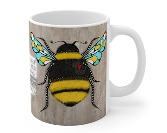 Bee mug, bee cup, bumble bee mug, honey bee cup, gift for bee lover, save the bees, be lover, I love bees, bee poem, bee on cup, bee art