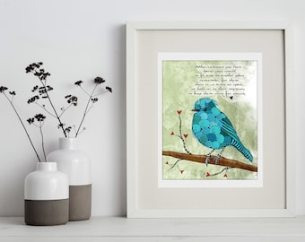 Little Blue Bird, blue bird print, blue bird of happiness, blue bird art, print for death, print about loss, art about loss, fly away, love