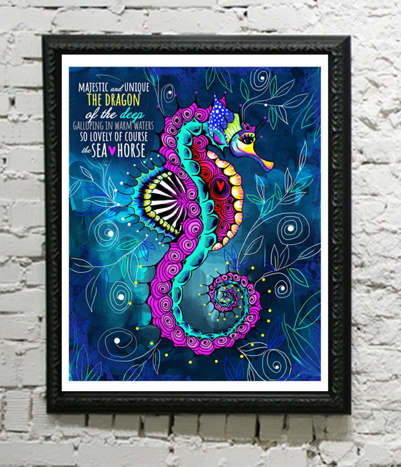 Seahorse print, seahorse art, seahorse painting, seahorse lover, fish, ocean, Pisces, Nautical, finding yourself, unicorn, dragon, mystical image 2