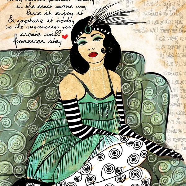 Recuerdos / Green Flapper 1920s / ilustración original ART Print Hand SIGNED tamaño 8 x 10,