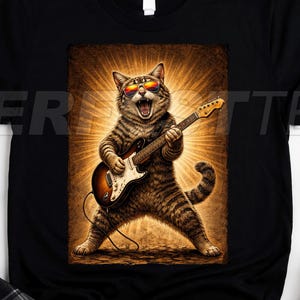 Puede incluir: Camiseta negra con un gato atigrado con gafas de sol tocando la guitarra eléctrica. El gato está representado en una pose dinámica sobre un fondo dorado con forma de sol. Diseño artístico y divertido.