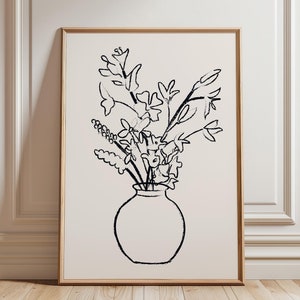 Blumenvase Wand Kunst Druck, Hand gezeichnete minimalistische botanische Illustration, schwarz creme abstrakte Kunst, digitales Downland Instant Kunst Wanddekor