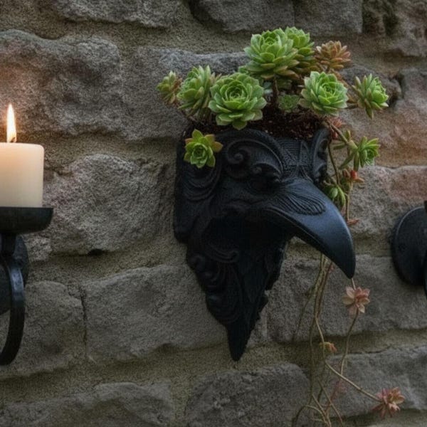 Hanging Crow Planter - Gothic Raven Wall Art for Indoor Succulents - Halloween Decor