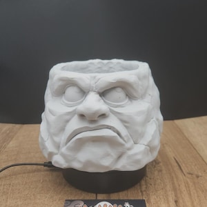 May include: A white, sculpted planter shaped like a stern face. The planter sits on a black base with a power cord. A business card with the text "MoonRabbit Trinkets" is in front of the planter.