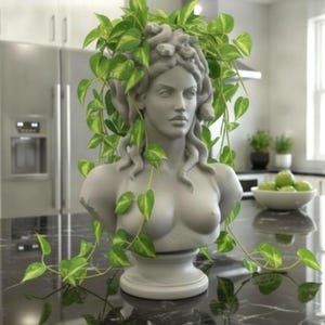 May include: A gray bust of a woman with snakes for hair, styled as a planter. The sculpture features a pedestal base and is adorned with trailing green and yellow pothos vines that drape over the head and shoulders of the figure.
