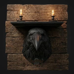 May include: A dark wooden wall shelf with a carved raven head, two lit candles in black holders, and a rustic wood background. The raven head is the focal point, with detailed feather carvings. The shelf is a decorative piece with a gothic or fantasy theme.