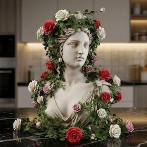 May include: A white stone-style bust of a classical figure adorned with a lush garland of green leaves and blooming roses in shades of red, white, and soft pink. The sculpture features detailed facial features and wavy hair draped in floral vines.