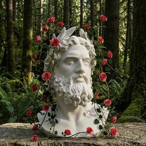 May include: A white stone bust of a bearded man with a laurel wreath, adorned with trailing green vines and numerous small pink roses. The sculpture features detailed facial hair, a defined nose, and deep-set eyes, resting on a textured stone base.