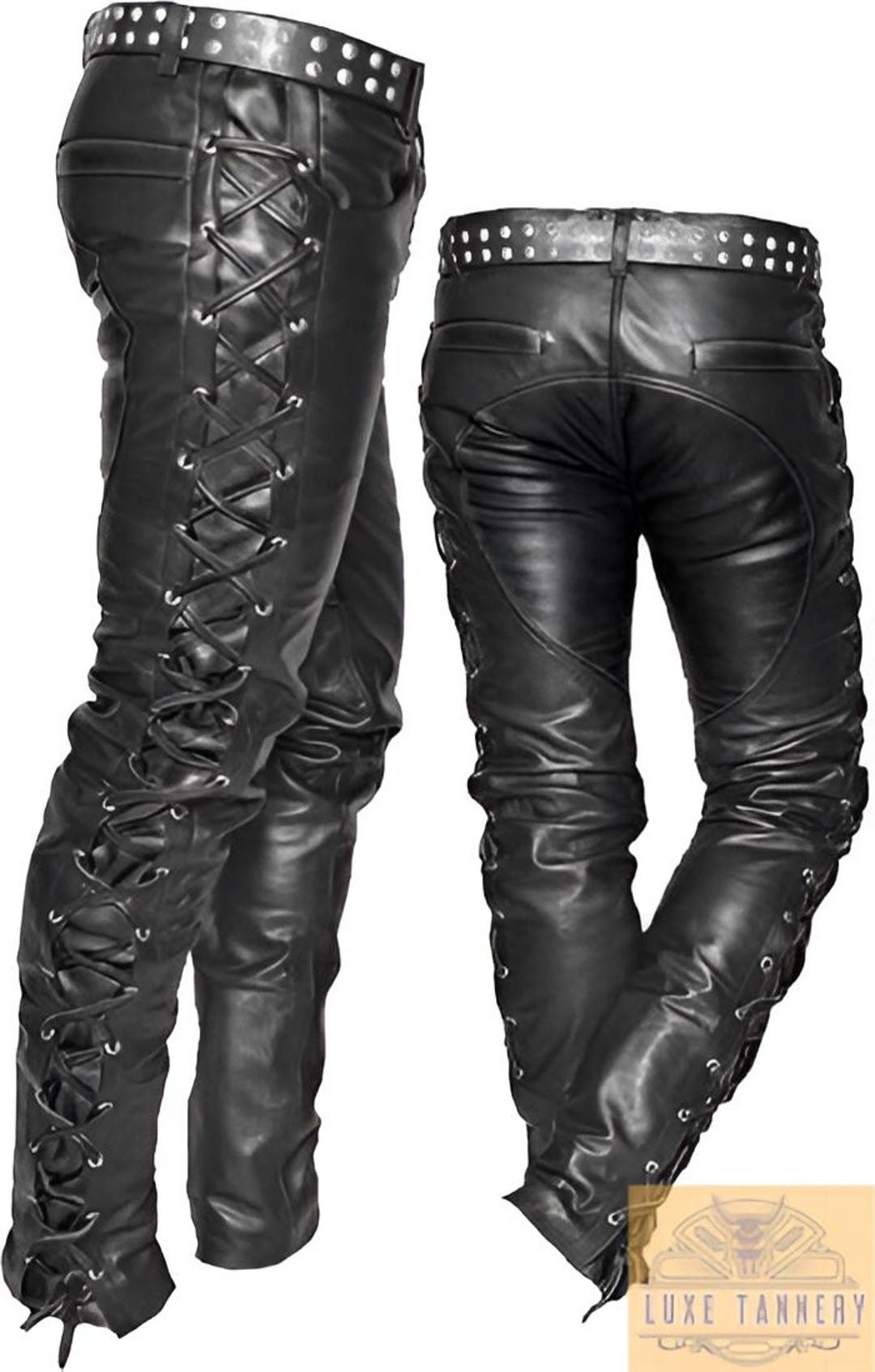 Handmade Black Cow Leather Motorcycle Pants: Vintage Lace-Up Rider Style