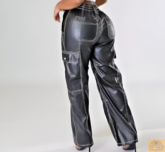Handmade Black Cowhide Leather Cargo Pants Women's Casual