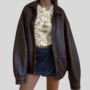 Blouson aviateur marron vintage oversize fait main en cuir véritable pour femme, cadeau pour elle
