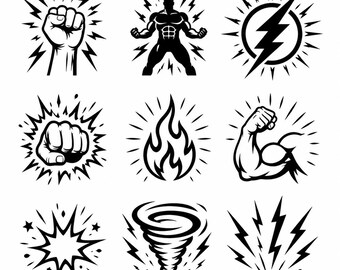 Power Symbol SVG, PNG: Lightning Fist Fire Bundle, Superhero Action Decal, Bold Craft Cut Files, Instant Download