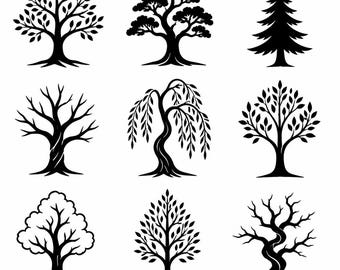 Tree Silhouette SVG, PNG: Oak Pine Willow Bundle, Nature Forest Decal, Farmhouse Craft Cut Files, Instant Download