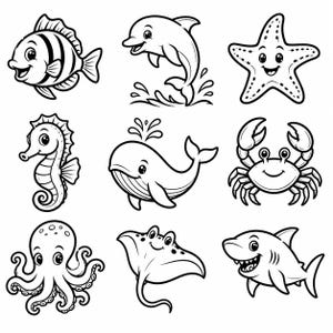 Può includere: Illustrazioni di cartoni animati in bianco e nero di varie creature marine, tra cui un pesce, un delfino, una stella marina, un cavalluccio marino, una balena, un granchio, un polpo, una manta e uno squalo, tutti sorridenti.