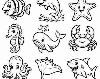 Sea Animal SVG, PNG: Cute Ocean Creature Bundle, Beach Nursery Decal, Kids Craft Cut Files, Instant Download