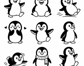 Penguin SVG, PNG: Cute Winter Animal Bundle, Kawaii Penguin Line Art, Kids Craft Decal Cut Files, Instant Download