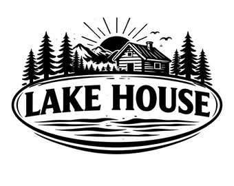 Lake House SVG, Cozy Cabin Lake PNG, Rustic Mountain Retreat Sign Cut File for Peaceful Waterfront Decor (Digital Download)