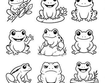 Frog SVG, PNG: Cute Frog Bundle, Pond Animal Line Art, Kids Craft Decal, Cut Files, Instant Download