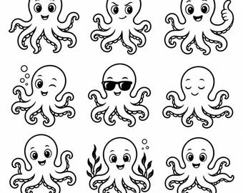 Octopus SVG, PNG: Cute Ocean Animal Bundle, Kawaii Sea Life Clipart, Kids Craft Decal, Cut Files, Instant Download
