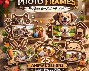 Pet photo frame svg bundle, animal laser cut frames for Glowforge Cricut CNC, cute pet picture holder files, commercial use