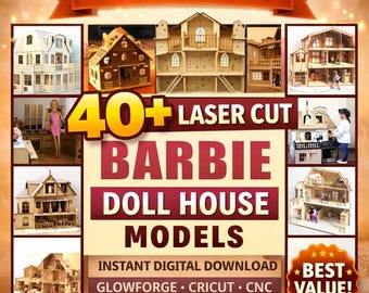 40+ Dollhouse Laser Cut Files Bundle, Wooden Barbie House SVG, Glowforge CNC Cricut Plans, Miniature Furniture Model Kit Digital Download