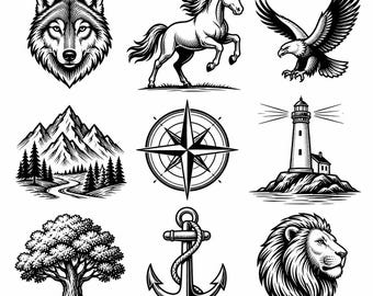Adventure SVG, PNG: Wildlife Nature Bundle, Wolf Horse Eagle Mountain Compass, Outdoor Cut Files, Instant Download