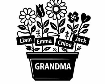 おばあちゃんの庭のSVGファイル（子供の名前入り）、花柄の植木鉢ファミリーサインカットファイル、パーソナライズされたおばあちゃんへのギフトPNGファイル（Cricut Love用）（デジタルダウンロード）