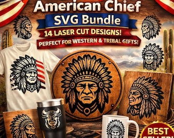American Chief SVG Bundle, 14 laser cut headdress wall art files for Glowforge Cricut, bold western decor and heartfelt gifts for makers