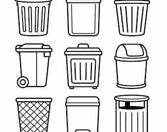 Trash Can ICON, SVG, PNG Black White Garbage Bin Icon Bundle, Cleaning Label Waste Sign Decor, Cricut Silhouettes Cut Files Instant Download