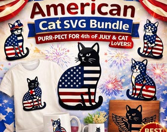 American Cat SVG Bundle, 10 patriotic cat designs for 4th of July shirts, mugs and heartfelt gifts for USA cat lovers