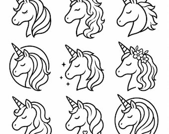 Unicorn SVG, PNG: Cute Unicorn Head Bundle, Magical Pony Line Art, Girls Birthday Cut Files, Instant Download