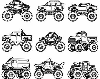 Monster Truck SVG, PNG: Off Road Vehicle Bundle, Big Tire Truck Line Art, Boys Party Cut Files, Instant Download
