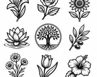 Floral SVG, PNG: Botanical Flower Bundle, Lily Rose Sunflower Lotus Line Art, Cricut Decal Cut Files, Instant Download