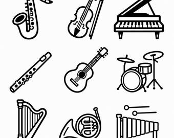 Music Instrument SVG, PNG: Band Orchestra Bundle, Piano Guitar Drum Saxophone, Music Cut Files, Instant Download
