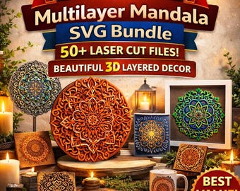 マルチレイヤーマンダラSVGバンドル50以上のレーザーカットファイル、Glowforge Cricut CNC用の3Dレイヤーウォールアート、落ち着いた手作りギフトデコレーションプロジェクト