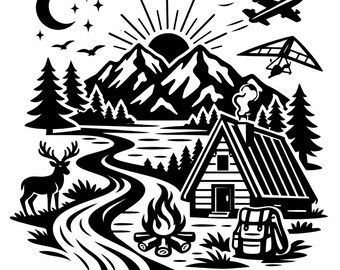 Rustic Mountain Cabin SVG, Cozy Camping Adventure PNG, Woodland Lake House Cut File for Nature Lovers (Digital Download)