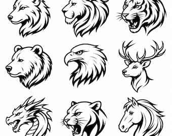 Animal Head SVG, PNG: Wild Animal Face Bundle, Lion Tiger Wolf Eagle Deer, Mascot Cut Files, Instant Download