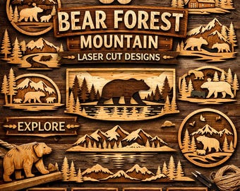 Beautiful Bear Forest Mountain Scene SVG PNG, Wilderness Laser Cut Bundle, Rustic Cabin Decor File for Nature Lovers