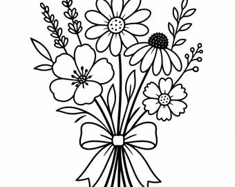 Wildflower Bouquet Icon SVG, PNG: floral bow outline, wedding spring decor, Cricut Silhouettes Cut File, Instant Download