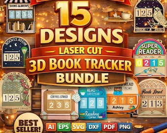 15 Book Tracker Laser Cut Files, 3D Reading Log Signs Bundle, Classroom Library Decor SVG PNG PDF Glowforge Cricut Cnc