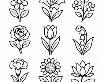 Flower SVG, PNG: Simple Floral Bundle, Daisy Rose Lily Tulip Sunflower Line Art, Cricut Cut Files, Instant Download