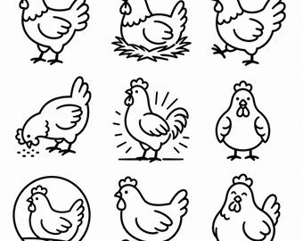 Chicken SVG, PNG: Cute Hen Farm Animal Bundle, Simple Rooster Line Art, Farmhouse Decal Cut Files, Instant Download