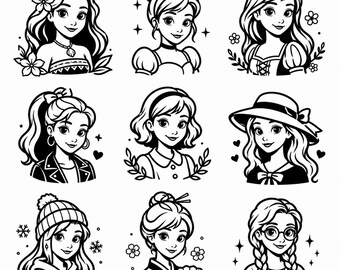 Girl Portrait SVG, PNG: Cute Princess Face Bundle, Kids Party Decal, Nursery Craft Cut Files, Instant Download