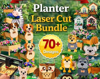 Übertopf Laser Cut Bundle, Tierhund Übertopf SVG, Hängeschaukel Übertopf, Fenster-Wand-Blumentopfdateien, niedlicher Garten CNC Glowforge Decor