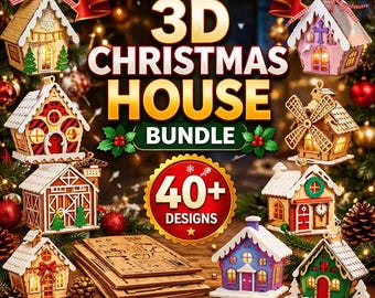3D Christmas House Laser Cut Bundle, Christmas Ornament SVG Files for Glowforge Cricut, Gingerbread Village Decor, Cozy Holiday Gift